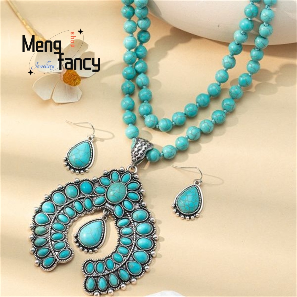 Layered Necklace Set - Retro dreilagige Blumenohrringe, türkisfarbene Ohrringe, übertriebene