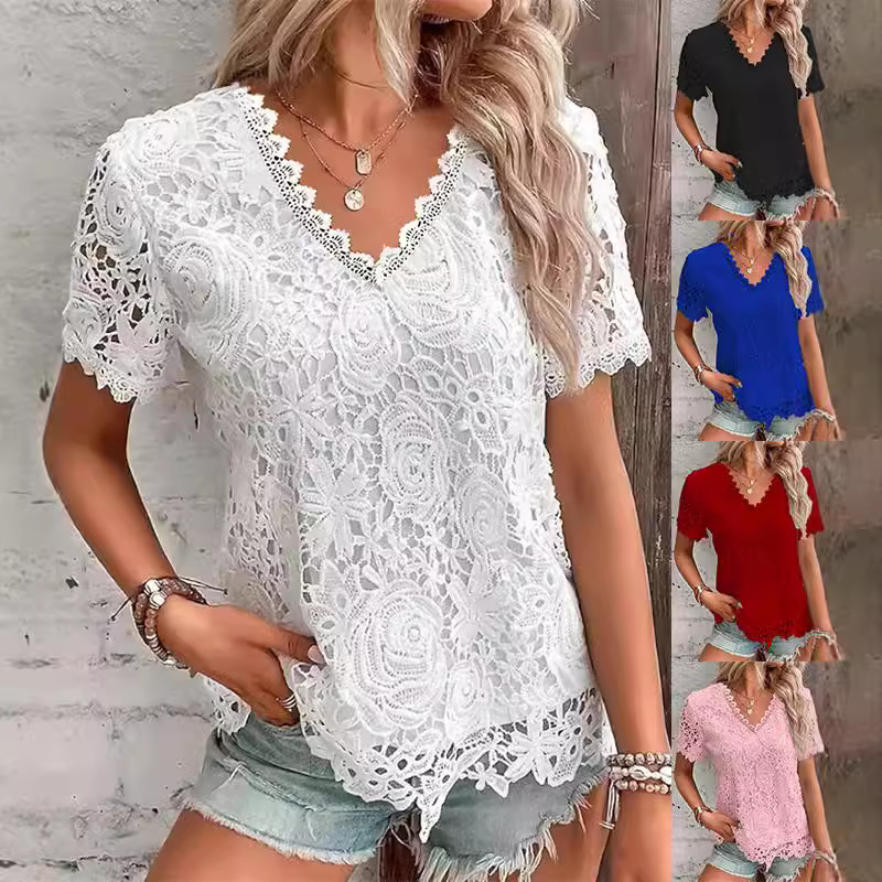 Layered Necklace Set - Sommer Damen Shirt Weiß Kurzarm Spitze