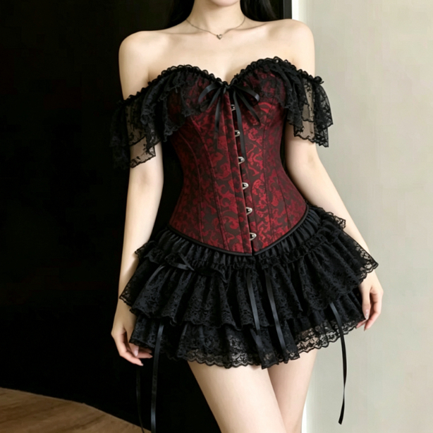 Layered Necklace Set - Y2k Dunkles Gothic Spitzen-Korsett-Set Damen Schulterfreies